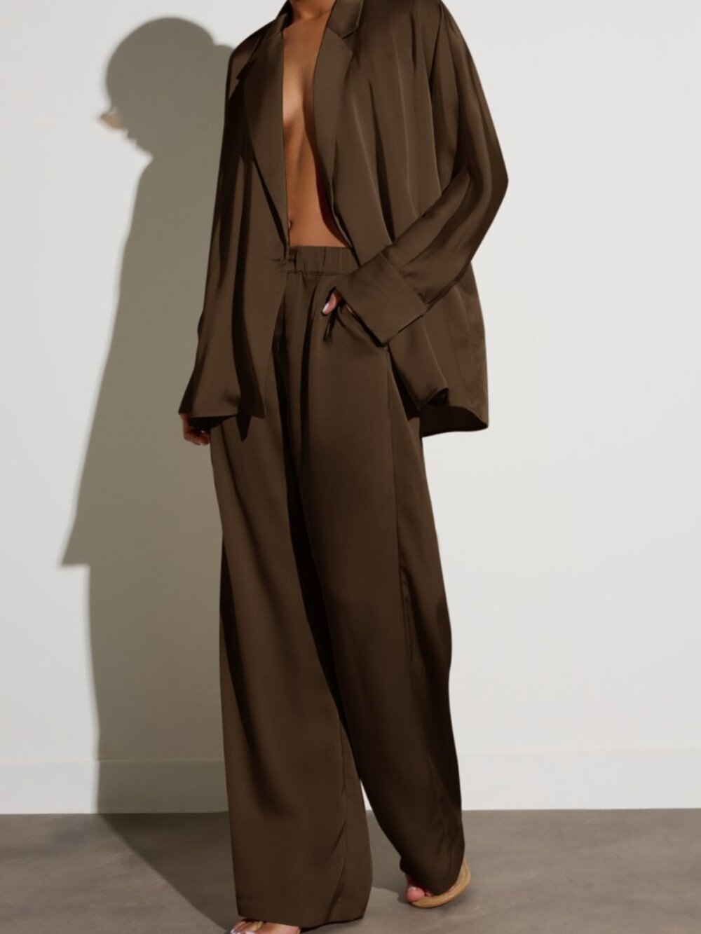 Chocolate Brown Elegant Women's High Waist Wide Leg Palazzo Trousers Fluid - Picture 4 of 6